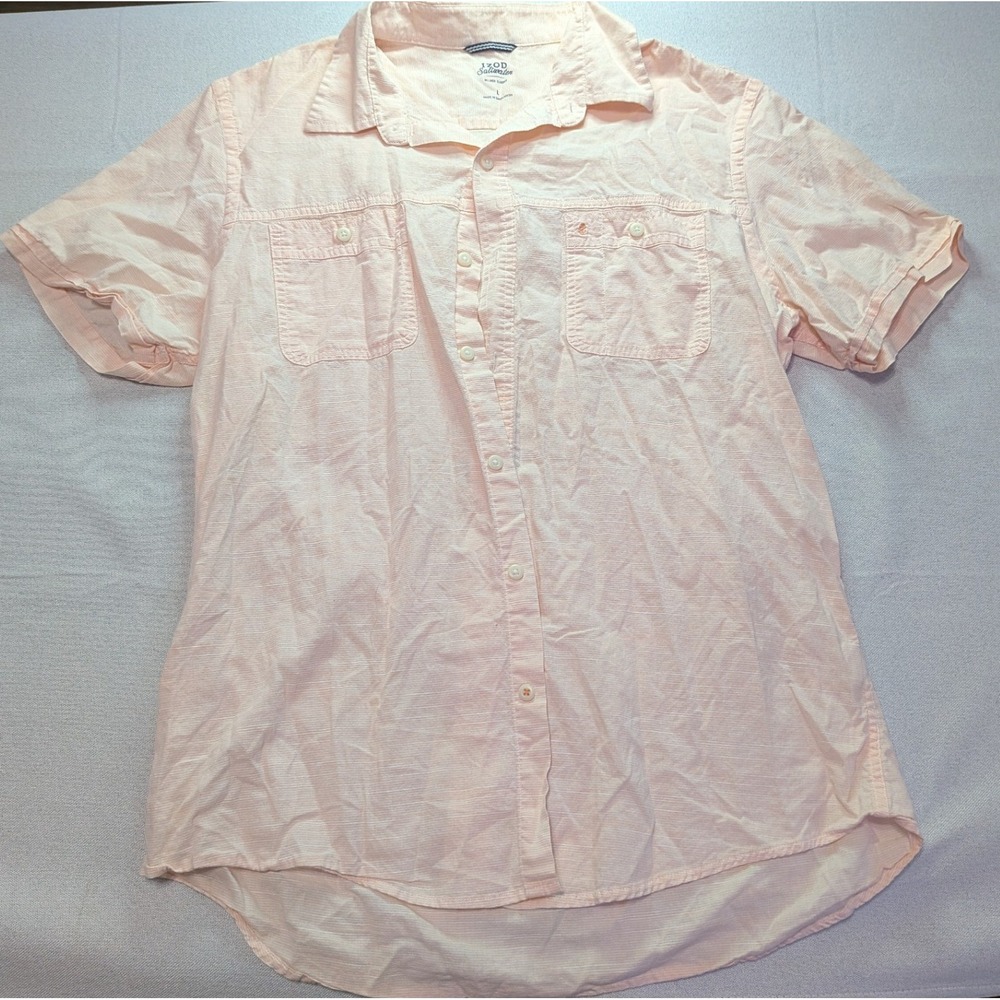IZOD Button Down Shirt Mens Large Peach Excellent Saltwater Relaxed Short Sleeve